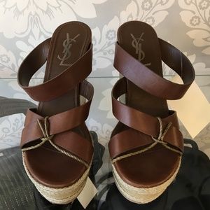 YVES SAINT LAURENT Brown Leather Strappy Wedge